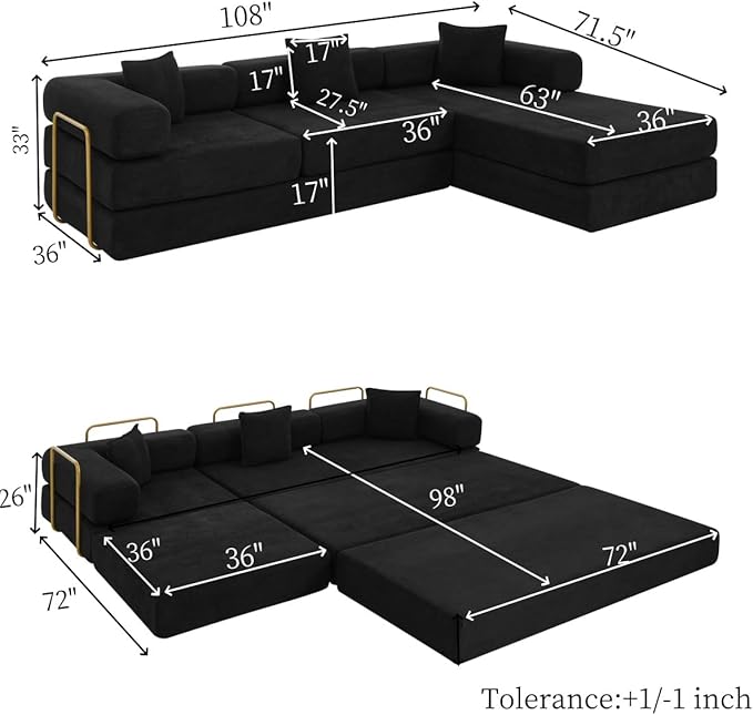 Eafurn L Shaped Convertible Sleeper Sofa Bed King Size Sleeper Sofabed 7-in-1 DIY Combination Corduroy Folding Mattress Couch with Fixed-Shape Frame Boneless Floor Sofa Couch