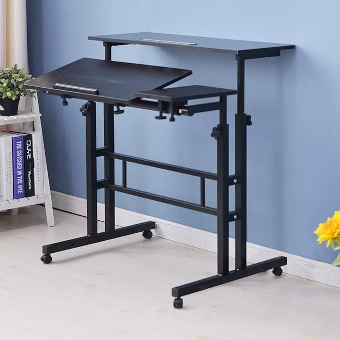 DlandHome Sit-Stand Desk Cart Mobile Height-Adjustable Sit to Stand Office Desk Riser Standing Table Workstation Mobile Desk Black 101-2BK