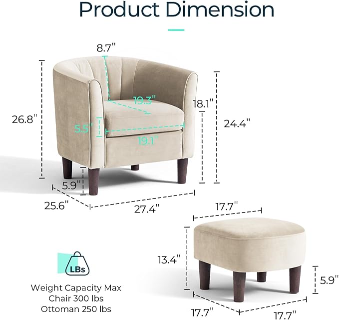 LINSY Small Accent Chair with Ottoman Modern Barrel Chair Comfy Armchair Reading Chair with Footrest Small Round Arms Chair for Living Room Bedroom Reading Room Velvet Beige