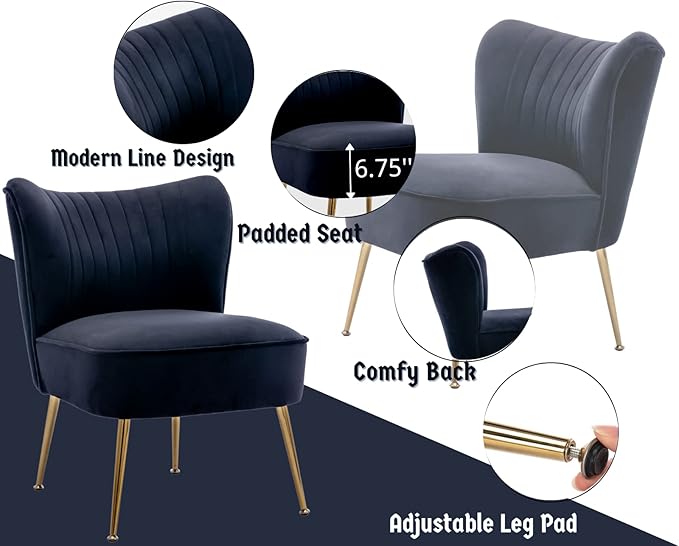 CIMOTA Velvet Black Accent Chairs Set of 2 Modern Armless Slipper Chair Wingback Single Sofa Side Chair Comfy Corner Chair with Golden Legs for Living Room Bedroom