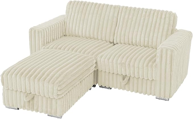 72 L-Shape Corduroy Sofa with Movable Ottoman Upholstered Seational Sofa with Stable Feet Deeper 2 Seats Couch with Thickened Seat Cushions for Living Room Bedroom Office Beige