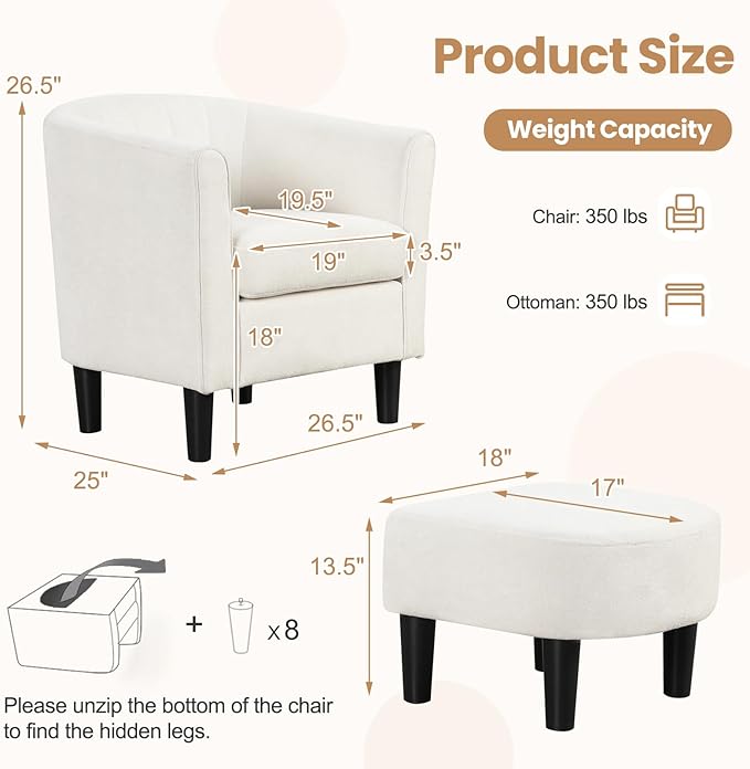 KOMFOTT Accent Chair with Ottoman Upholstered Teddy Velvet Barrel Chair with Footrest Comfy Club Sofa with Curved Backrest Thick Seat Cushion Modern Arm Chair for Living Room Bedroom Beige