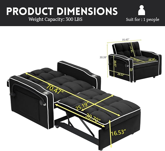 3 in 1 Sleeper Sofa Chair BedVelvet Convertible Sleeper SofaPull Out Bed Chair with USB Port &amp Ashtray and Swivel Phone Stand &amp Storage Pockets Modern Singer Sofa for Living Room