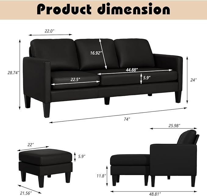 TITIMO Faux Leather Sectional Sofa L Shaped Sofa with Reversible Chaise Convertible Sectional Couch 3-Seater Modern Small Couches for Small Space (Black)