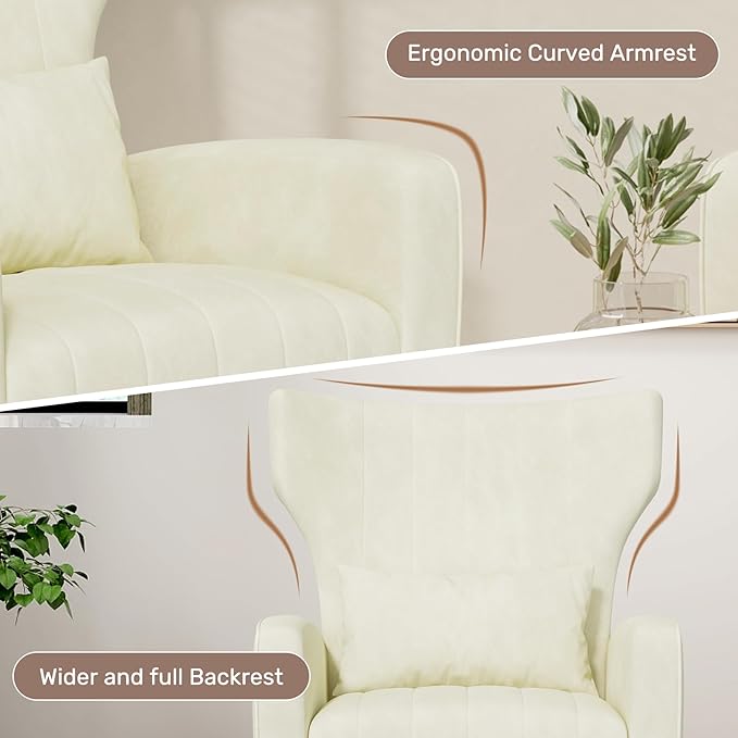 Velvet Accent Chair Set of 2Wingback for Living Room High Back Arm Chair with Golden Legs Lumbar Pillow Upholstered Single Sofa Bedroom Beige