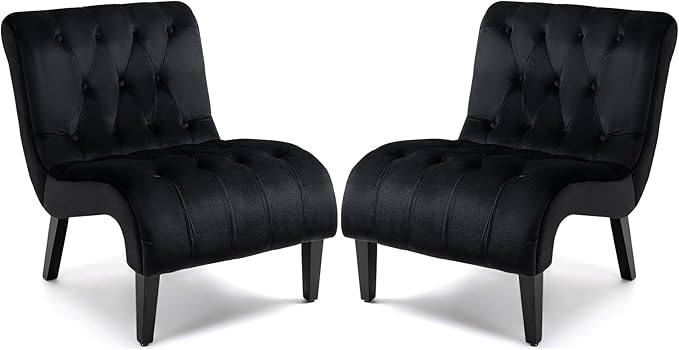 AVAWING Armless Accent Chair Set of 2 Upholstered Velvet Lounge Chair with Wood Legs Comfy Reading Chair for Living Room &amp Bedroom Black