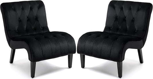 AVAWING Armless Accent Chair Set of 2 Upholstered Velvet Lounge Chair with Wood Legs Comfy Reading Chair for Living Room &amp Bedroom Black