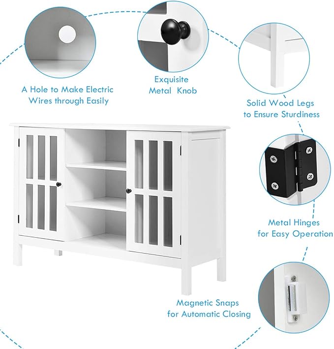 Tangkula White TV Stand Modern Tall Entertainment Center for TVs up to 50 Media Console w/2 Storage Cabinets &amp 3 Open Shelves Wire Hole Wood TV Console Table for Living Room White