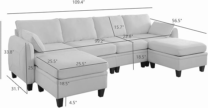 U Shaped Sectional Sofa for Living Room 4+2 Modular Chenille Fabric Couch with Storage Solid Eucalyptus Wood Frame Comfortable Modern Sectional