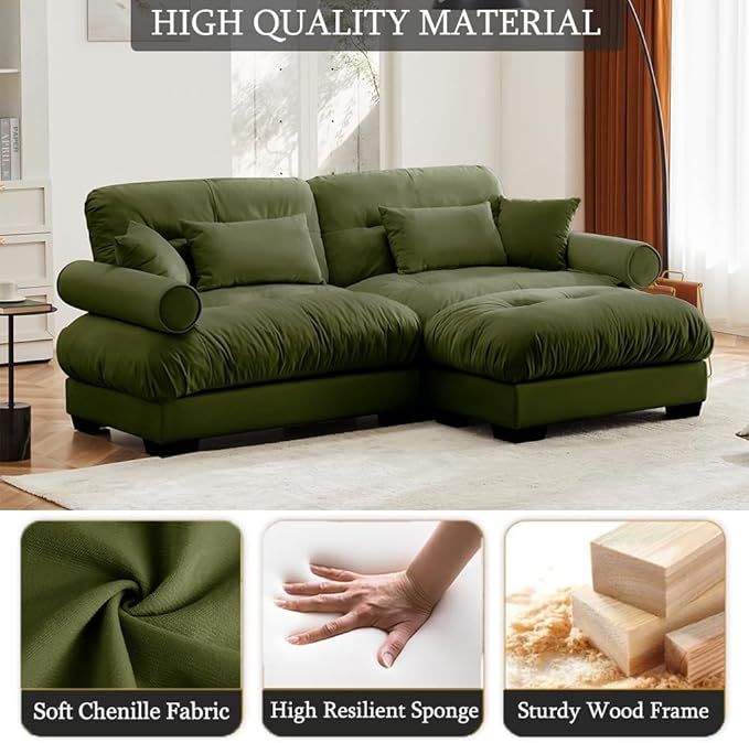 Small Sectional Couch for Living Room 93.7 Loveseat Cloud Couch with Ottoman Deep Seat L Shape Sofa with Pillows Comfy Velvet Sofas Couches