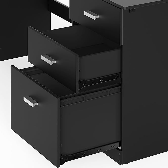 SHW 51 x 59 Inches L-Shaped Home Office Wood Corner Desk with Box Box File Drawers Black