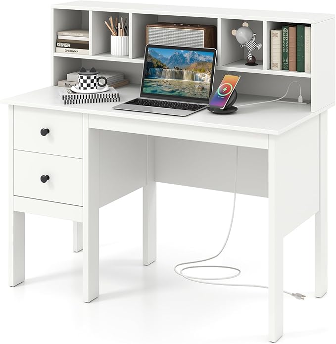 Tangkula White Desk with Drawers &amp Hutch Modern Home Office Desk Writing Study Desk with Charging Station Laptop Desk with 5 Storage Compartments Computer Workstation Makeup Vanity Desk