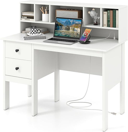 Tangkula White Desk with Drawers &amp Hutch Modern Home Office Desk Writing Study Desk with Charging Station Laptop Desk with 5 Storage Compartments Computer Workstation Makeup Vanity Desk
