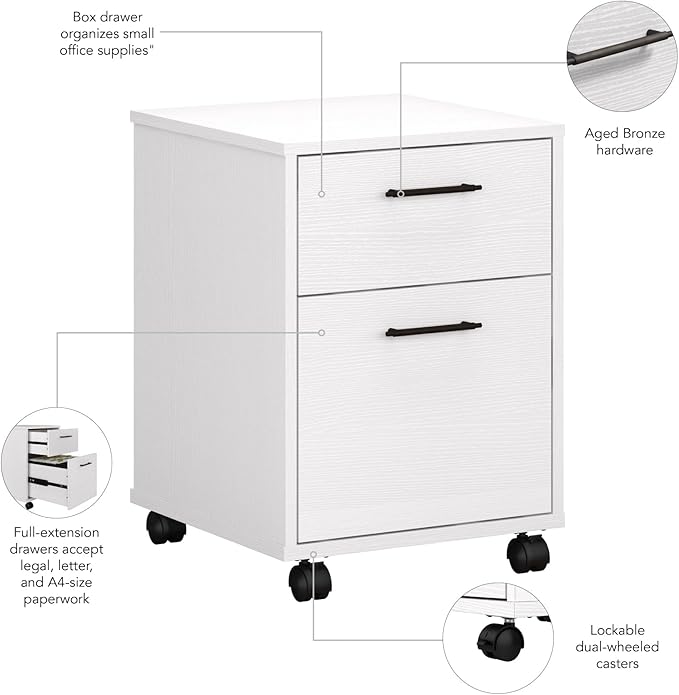 Bush Furniture Key West Rolling File CabinetFile Cart for Home Office in Pure White Oak2 Drawer File Cabinet on Wheels
