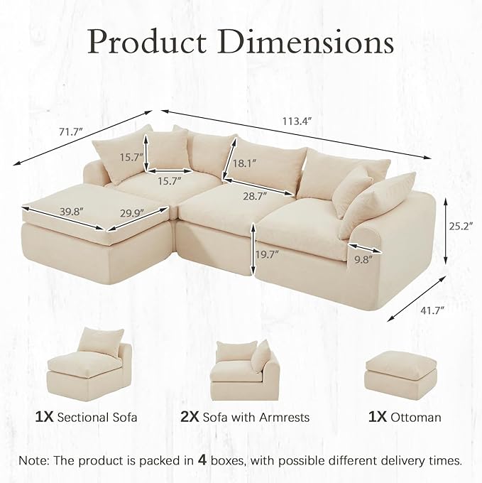 AVAWING 113 Modular Sectional Sofa Modern L Shaped Cloud Couch with Deep Seat &amp Ottoman Soft Boneless Sofa with Chaise for Living Room &amp Bedroom No Assembly Needed (Beige)
