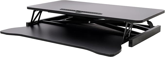 32 Inch Height Adjustable Stand Up Laptop Desk Converter Heavy Duty Standing Computer Workstation Riser with Removable Keyboard Tray for Home Office Workshop Spacious Platform for Monitor Black