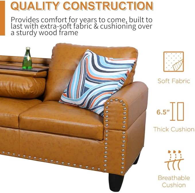 L Shaped Sectional Couch with Storage Ottoman Modern Nailhead Comfy Lounge Sofa with Reversible Cup Holder &amp Chaise 97 4 Seat Modular Sofá for Living Room Apartment Ginger