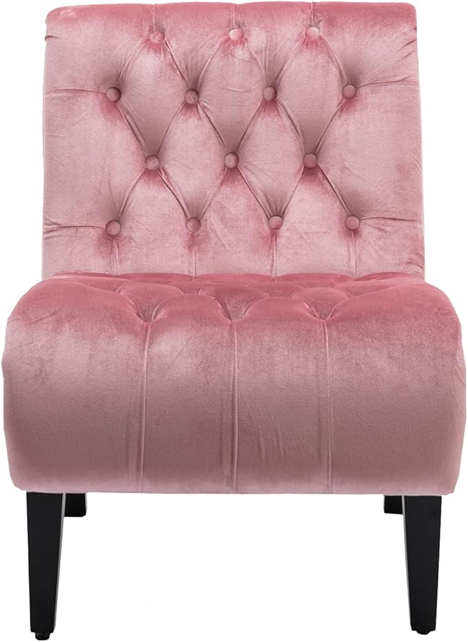 Modern Velvet Armless Accent Living Room Chair Leisure ChairUpholstered Fabric Button Comfortable Chair with Wooden Legs for Bedroom Living Room Office (Pink Velvet)