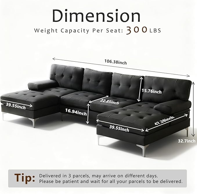 Wimarsbon 106” U-Shaped Couch with Double Chaise Modern Upholstered 4-Seat Sectional Sofa Set for Living Room Bedroom Apartment Easy to Assemble (Black-Faux Leather)