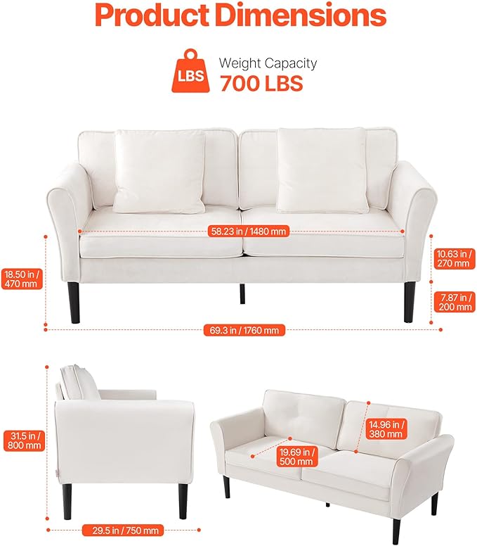 VEVOR Loveseat Sofa 69-Inch Small Sofa Couch for Living Room Velvet Fabric 2-Seats Couch with Sinuous Spring Soft Cushions and Sturdy Frame Comfy Loveseat for Bedroom Office or Apartment White