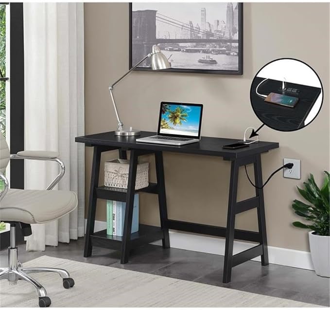 Pemberly Row Trestle Desk with Charging Station Black Wood Finish 47 in x 20 in x 29.25 in 2 Fixed Shelves USB Ports Power Outlets Modern Home Office Desk for Workspace or Study