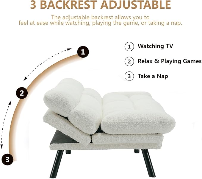 70“Futon Sofa Bed White Convertible Folding Futon Small Couch Breathable SmallUpholstered Double Loveseat Bed for Compact Living Studio in Room and Bedroom Offices Dorm (White Teddy Velvet)