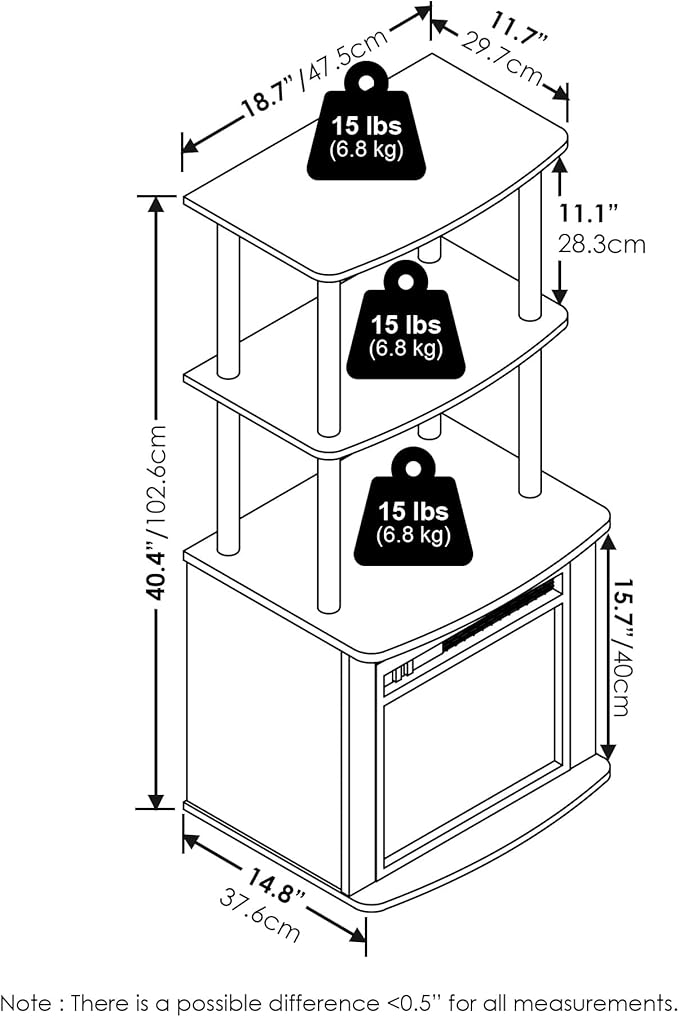 Furinno Turn-N-Tube 2-Tier Tall TV Entertainment Side Table Display Rack with Fireplace Insert French Oak Grey/Black