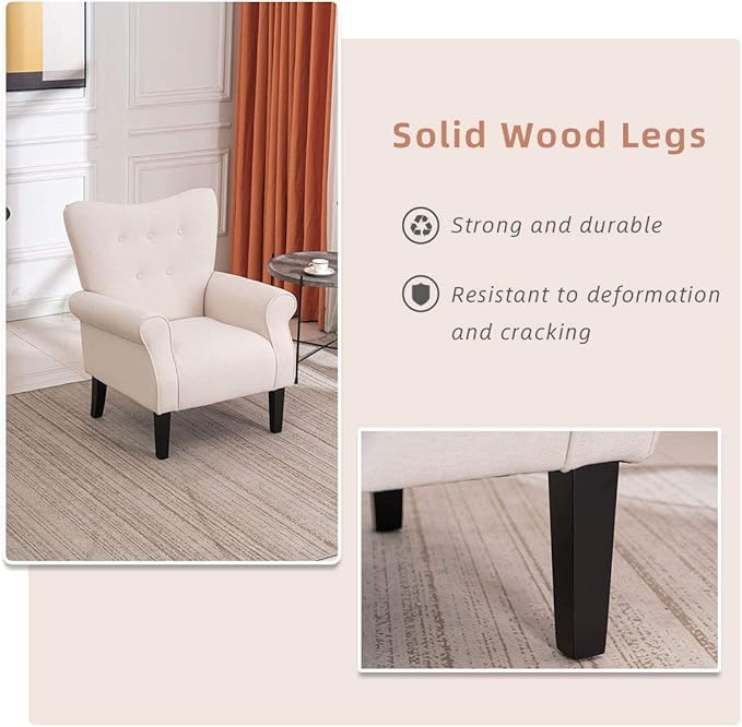 YOLENY Modern Accent ChairHigh Back ArmchairUpholstered Fabric Button Single Sofa with Wooden Legs for Living RoomBedroomClubBeige
