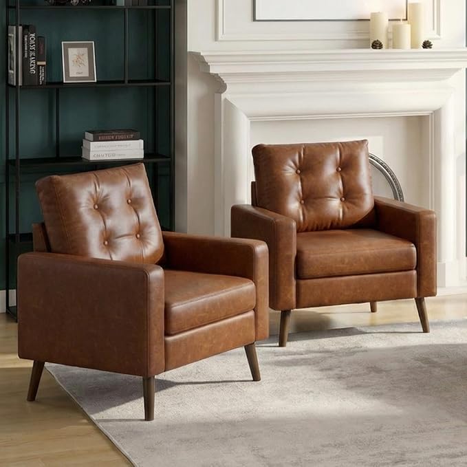 Wahson Accent Chairs Set of 2 Faux Leather Tufted Single Sofa Brown Oversized Club Chair Mid Century Modern Armchair with Wood Legs for Reading/Living Room/Bedroom
