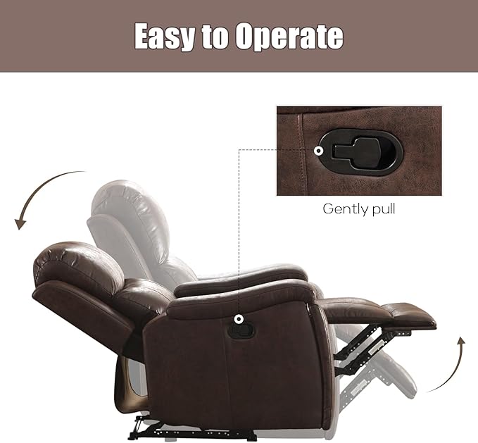 Brown Recliner Chair Single Overstuffed Sofa Recliners Breathable Faux Leather Manual Reclining Chairs with Hidden Cup Holder Arm and Back for Adults Living Room Bedroom Dark Brown