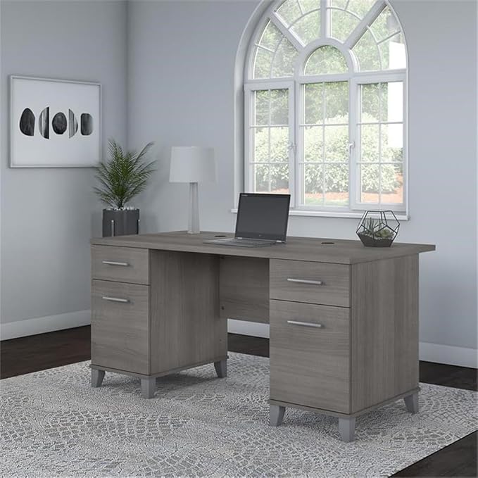 Bush Home 60-inch Home Office Desk with Drawers Large Computer Table with Storage Transitional Style Somerset Collection Platinum Gray