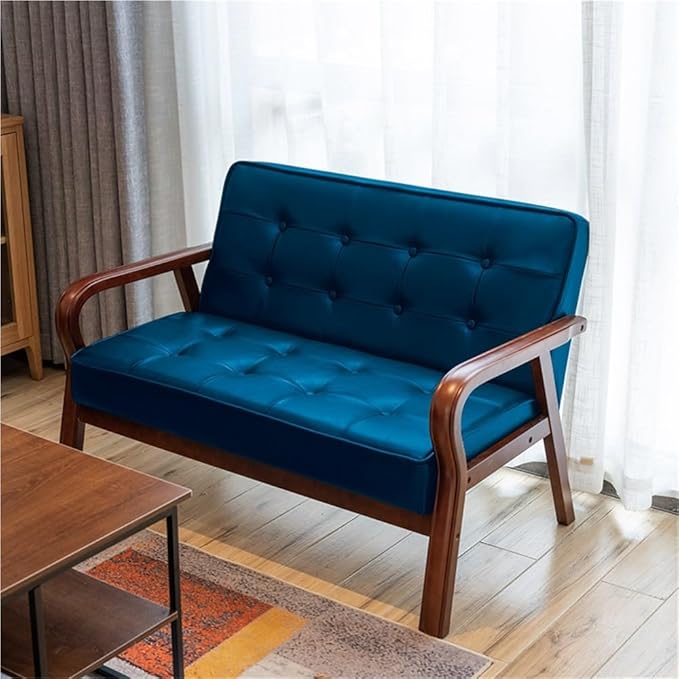 Mid-Century Modern Loveseat Comfy Faux Leather Upholstered Couch Solid Wood Frame Vintage Accent Armchair with High Back for Home Office Waiting Room 45.3''L x 24.4''D x 29.5''H(Blue)