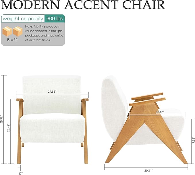 Home Accent Chair Mid Century Modern Accent Chair with Wood Frame Lounge Upholstered Armchair Reading Chair Sturdy BaseFor Living Room BedroomOfficeComfy Guest Waiting Room ChairsBeige