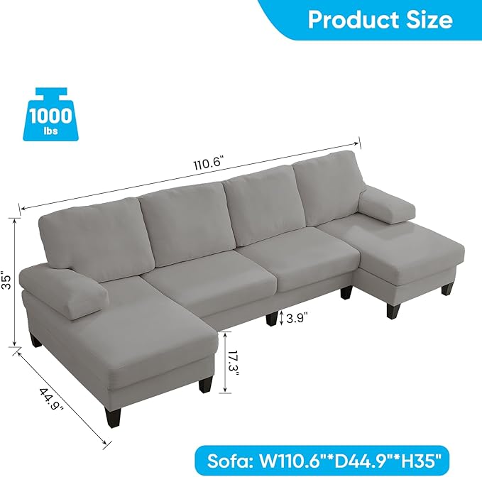 Mjkone 110 Width Sectional Couches with Chaises for Living Room U Shaped Cloud Sofa Couch with Ice Velvet Fabric Minimalist 4 Seater Sofa Set Living Room Sets Furniture for Home Office Light Grey