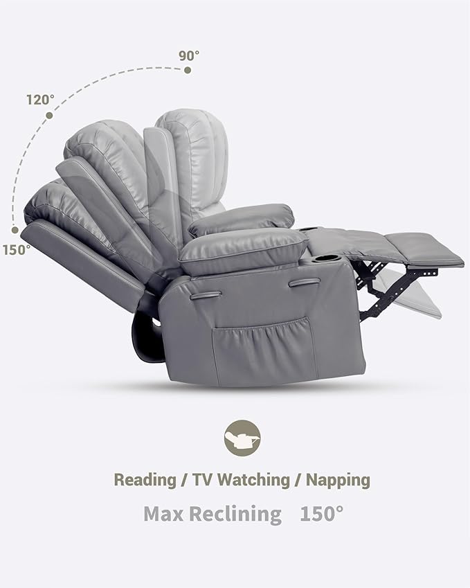 22 in Leather Recliner Chair for Adults Overstuffed Manual Recliner Chair Single Sofa with Cup Holder and Side Pockets Upholstered Chair for Living Rooms Gray