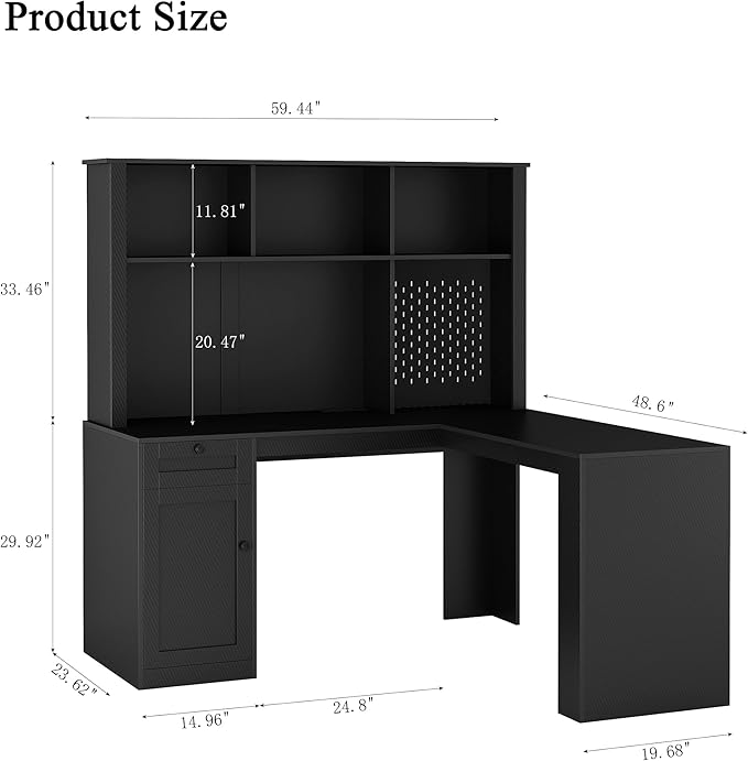 59 L Shaped Computer Desk with Hutch &amp Bookshelf Corner Office Desk Students Writing Table w/Drawer &amp Power Outlet Gaming Computer Desk with LED Light for Home (Black)