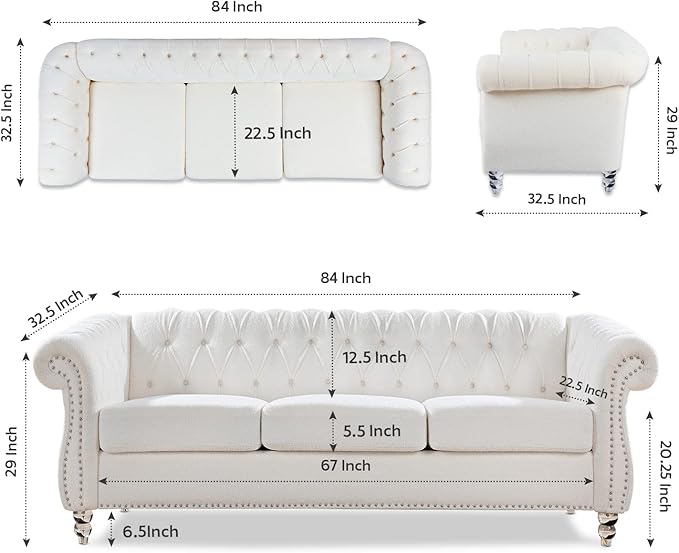 White Velvet Couches for Living Room 3-Seater Chesterfield Sofa Tufted Sofa Furniture Couch Nailhead Upholstered Couches Minimalis Light Luxury Easy to Assemble