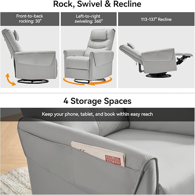 AIRSKY Leather Recliner Chair Top Grain Leather Italian Water-Washing Process Movable HeadrestRecliner Chairs for Adults Nursery Rocking ChairsSwivel Rocker Recliner Living Room ChairGreyR3