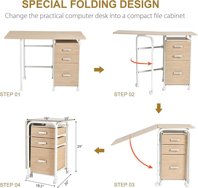 Tangkula Folding Computer Desk with 3 Storage Drawers Mobile Home Office Desk Study Writing Desk with Smooth Wheels Space Saving Compact Desk for Dorm Apartment Rolling Folding Desk Table