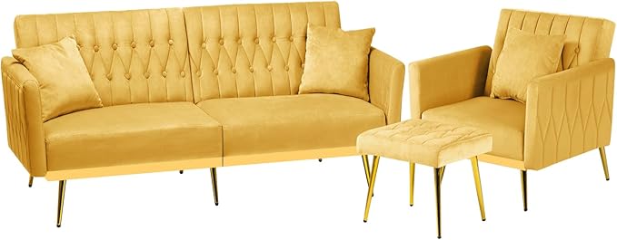 2 Pieces Velvet Sofa Set with Adjustable Armrest and Backrest 70” Convertible Futon Sofa Bed &amp Mordern Accent Chair with Ottoman for Living Room Bedroom Yellow