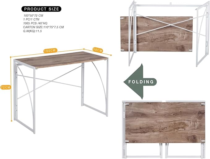 Homy Casa 39.4 Inch Industrial Folding Computer Desk Oak Wood Top with White Steel Frame no Assembly Space Saving Design for Office Studyroom