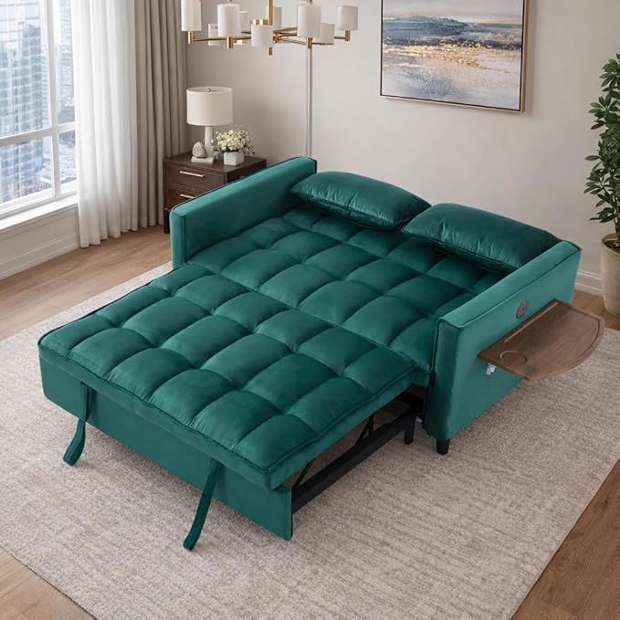 3 in 1 Sofa Bed Pull Out Couch with Side Pockets Loveseat Sleeper Sofa Bed with Side Table Pull Out Couch with USB Ports for Living Room Bedroom Apartment Green