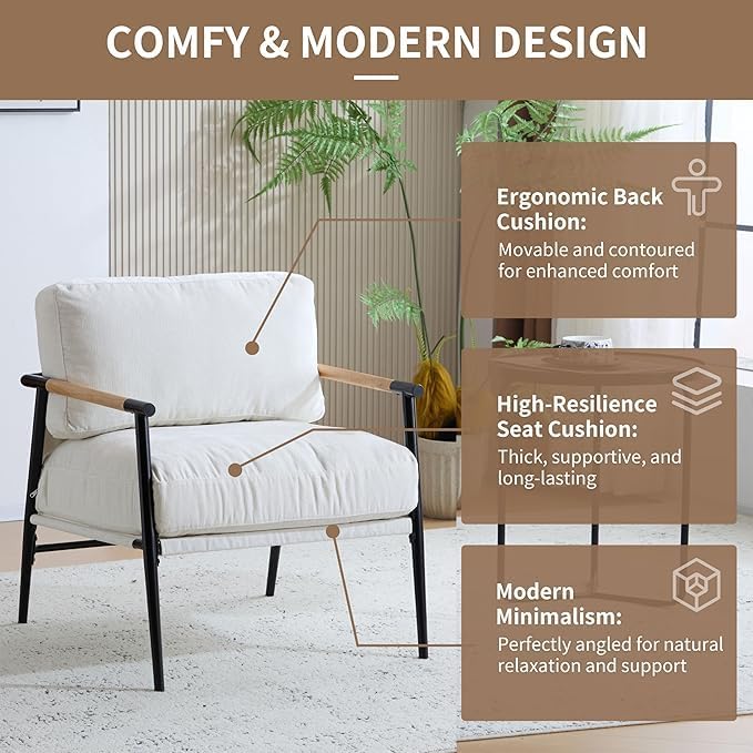 Christopher Knight Home Modern Fabric Accent Chair with Removable Cushions Metal Frame Minimalist Living Room Armchair Bedroom Comfy Reading Chair Beige