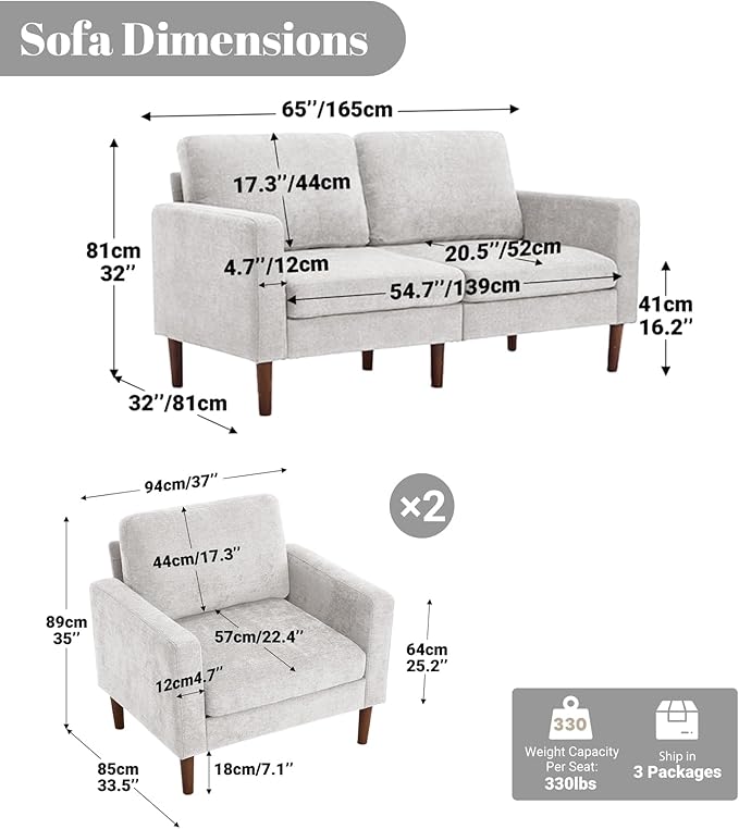 Kingfun 65 Loveseat Sofa with 2 Chair Chenille Love Seat Couch Mid Century Modern Couch with Solid Wooden Frame for Living Room &amp Bedroom in Small Spaces Grey