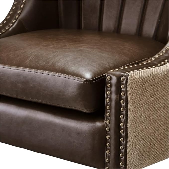 Tommy Hilfiger Dorset Leather Club Chair Brass Nailhead Accent Trim High Back Reading Armchair Traditional Living Room Furniture Chesterfield Brown