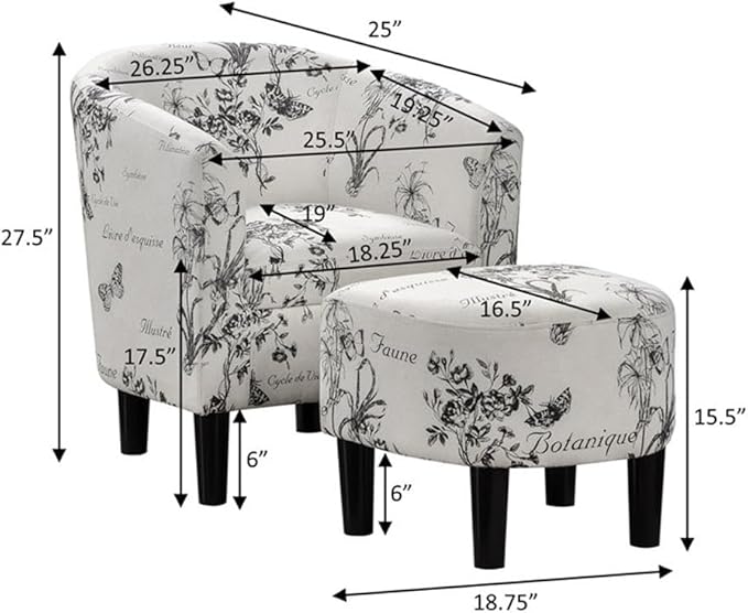 Pemberly Row Accent Chair with Ottoman White Polyester Fabric with Black Botanical Print High-Density Foam Cushions Solid Rubberwood Legs Barrel Design for Living Room or Small Space Use