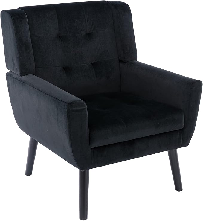 Dolonm Midcentury Modern Velvet Accent Chair with Arms Upholstered Reading Side Chair Tufted Back Decorative Wingback Chair for Living Room Bedroom (Black)