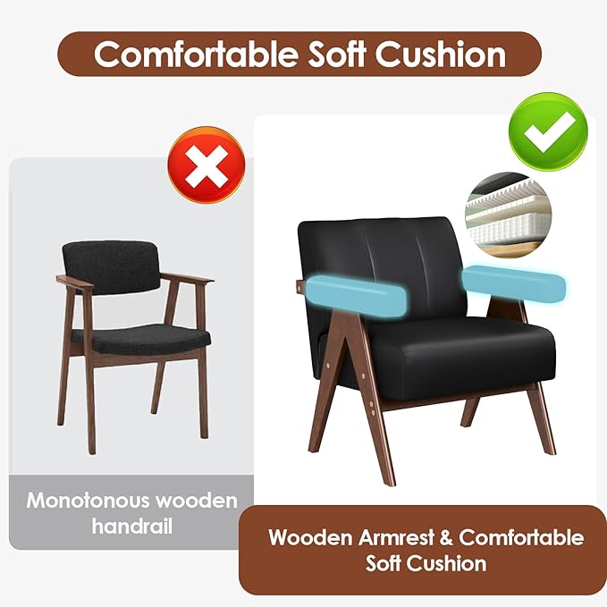 JIASTING Mid Century Modern Accent Chair Black Leather Office Reading Accent Chairs Small Comfy Side Arm Chairs for Living Room Bedroom Wood Arms (1 Black)