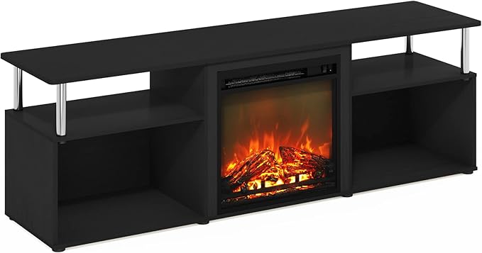 Furinno Jensen Open Storage Fireplace Entertainment Center for TV up to 70 Inch with Stainless Steel Tubes Americano/Chrome