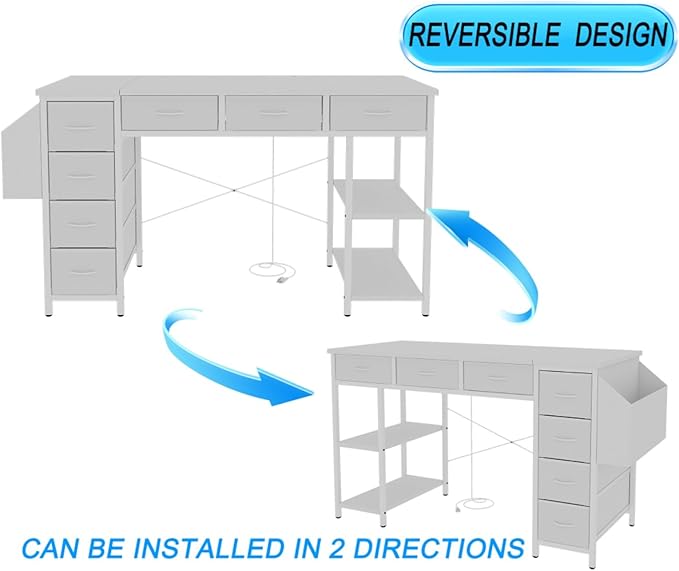 47 Computer Desk with Power OutletWriting DeskHome Office DeskVanity Table with 7 Fabric Drawers Large Side PocketWhite